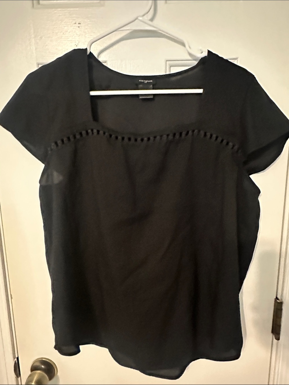 Ann Taylor Black Short-Sleeve Scoop Neck Blouse with Decorative Trim